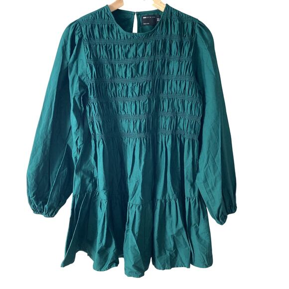 ASOS Design Cotton Shirred Mini Smock Dress - Green - 6 - Picture 1 of 8